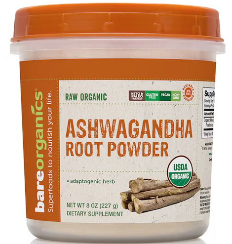 BareOrganics POLVO DE RAÍZ DE ASHWAGANDHA (Crudo Orgánico) (8oz) 227g