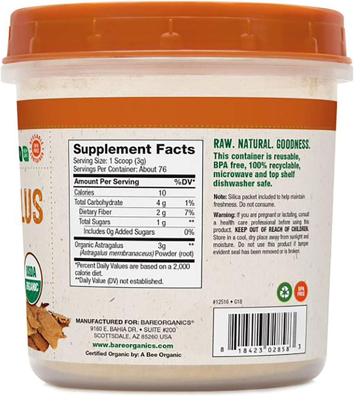BareOrganics POLVO DE RAÍZ DE ASHWAGANDHA (Crudo Orgánico) (8oz) 227g