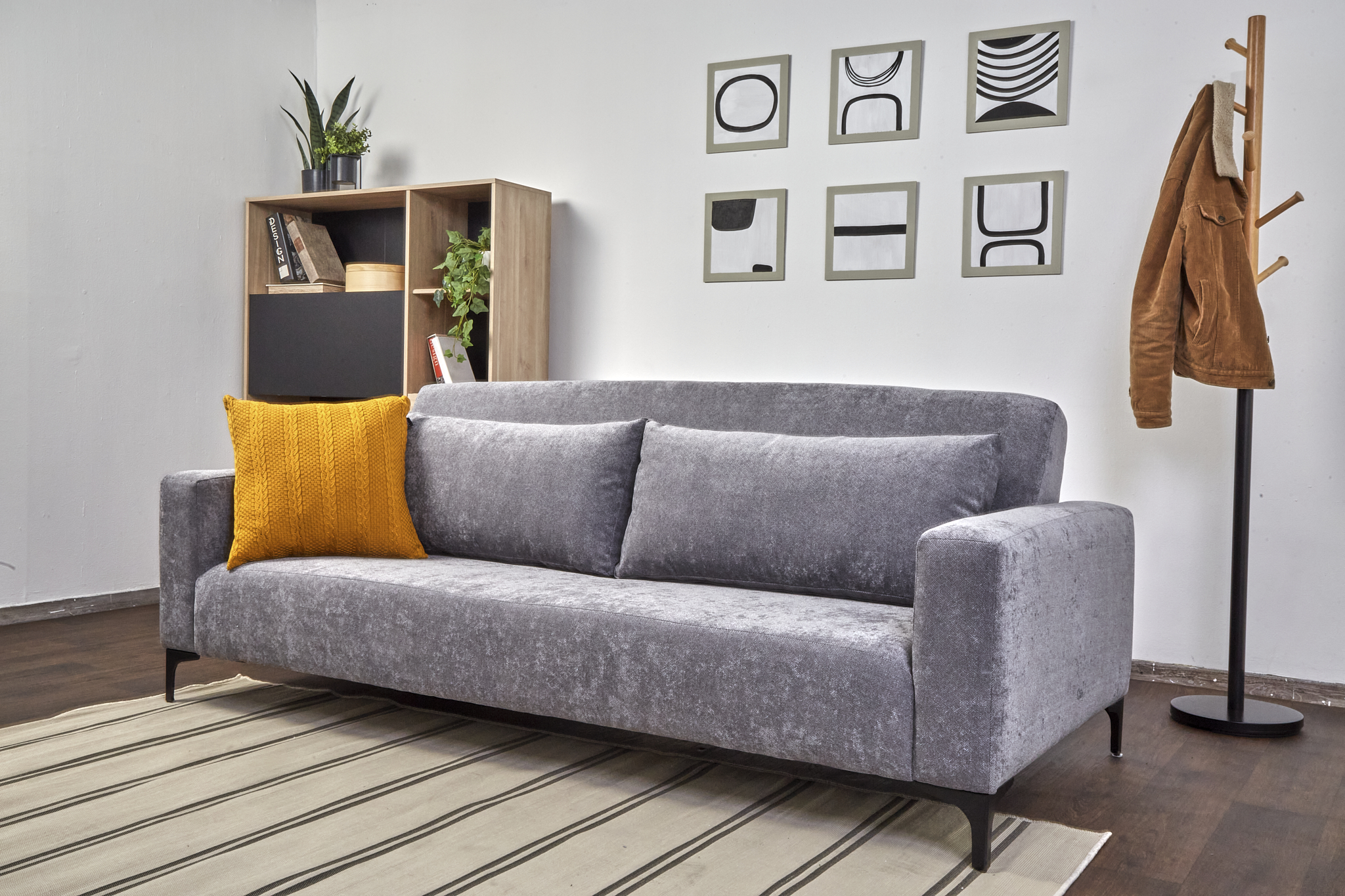 Sofá Cama Tapizado en Tela Gris. Estructura de Madera Sólida y Patas de Metal
