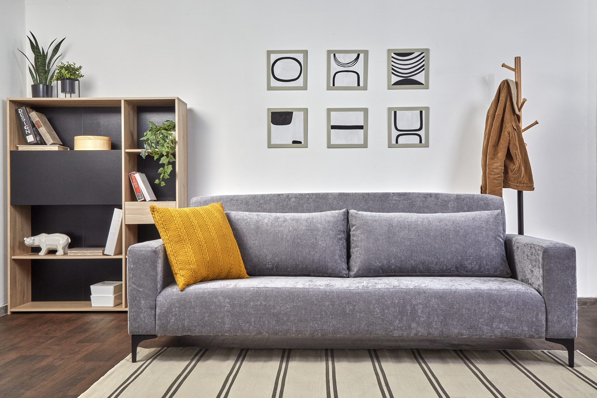 Sofá Cama Tapizado en Tela Gris. Estructura de Madera Sólida y Patas de Metal