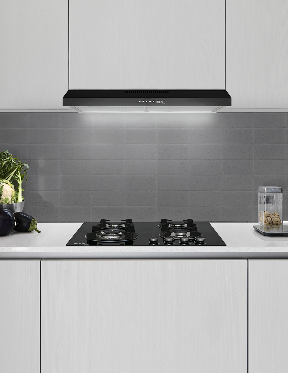 Combo DISA HOME Parrilla a Gas 4 Quemadores Cristal Templado Y Campana Extractora de Pared Negro Mate 60 cm DISA Home