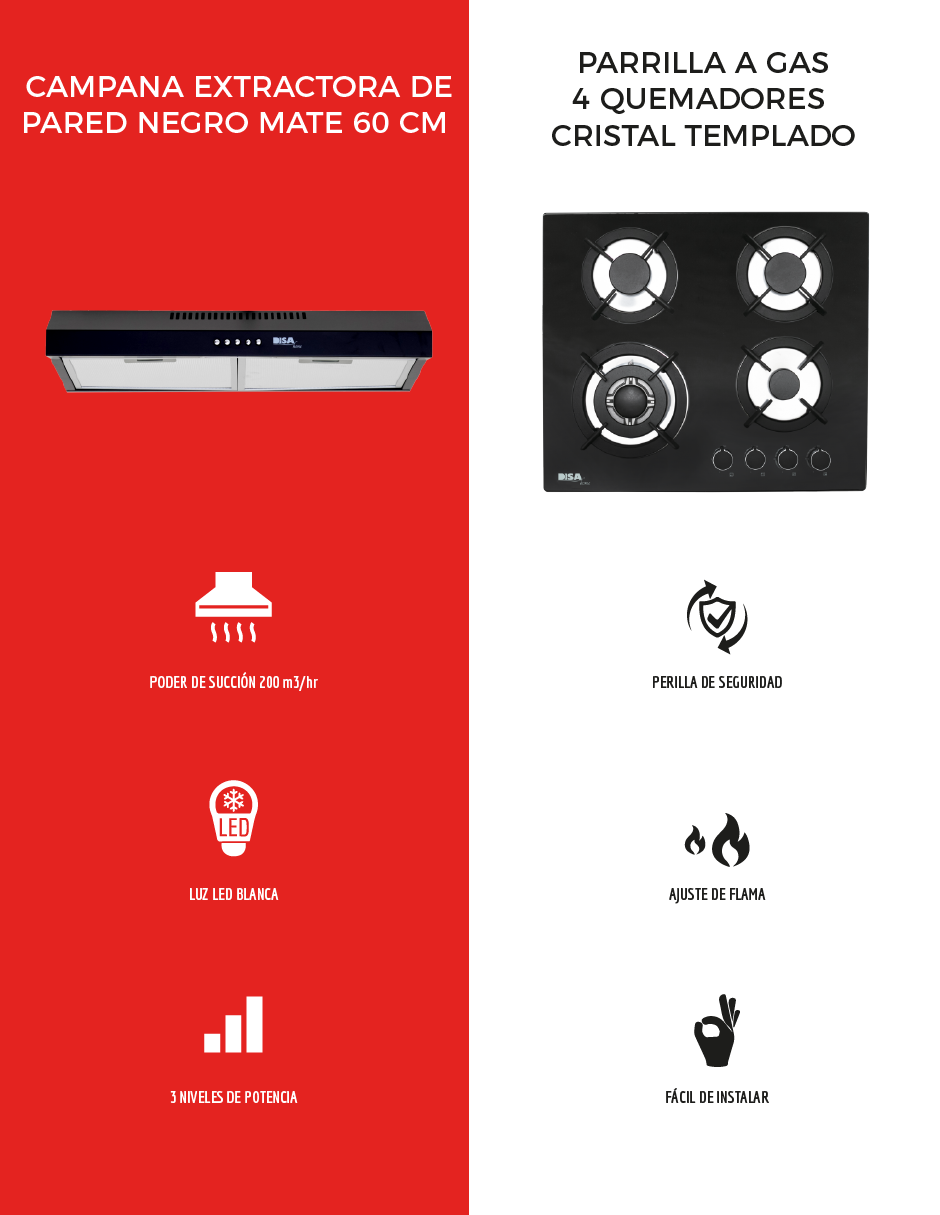 Combo DISA HOME Parrilla a Gas 4 Quemadores Cristal Templado Y Campana Extractora de Pared Negro Mate 60 cm DISA Home