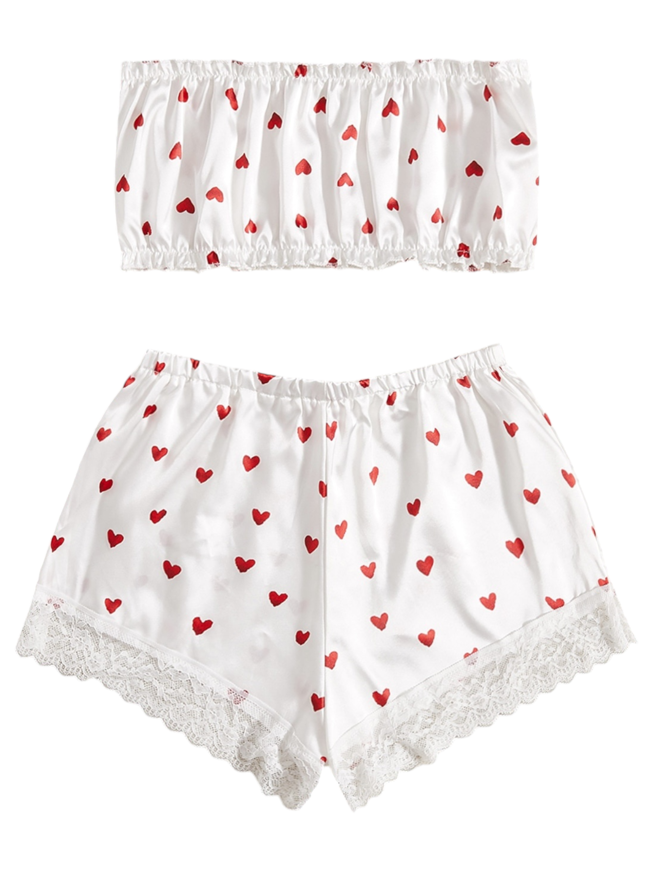 Pijama de satín con top sin tirantes y short con diseño de corazones y encaje para mujer