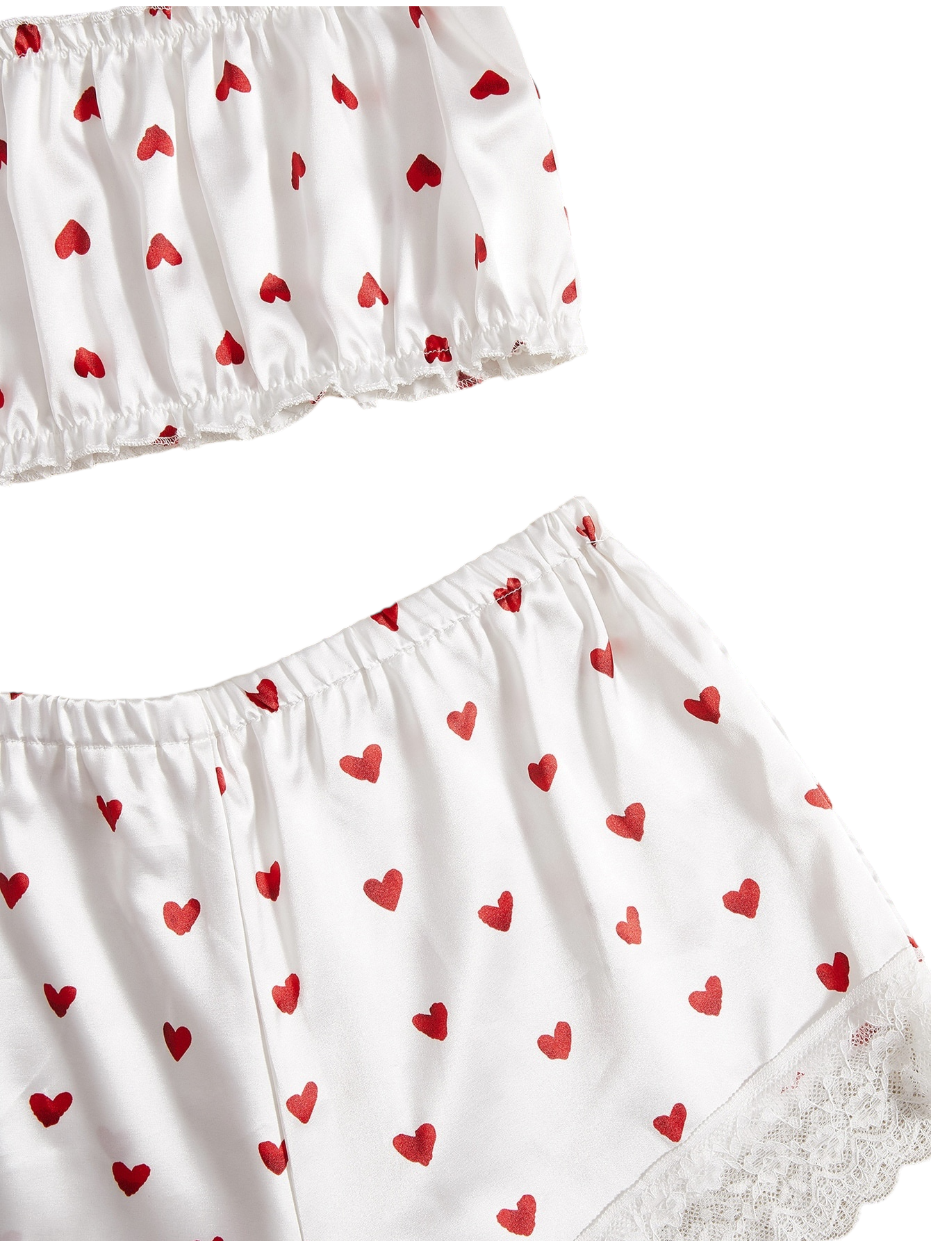 Pijama de satín con top sin tirantes y short con diseño de corazones y encaje para mujer