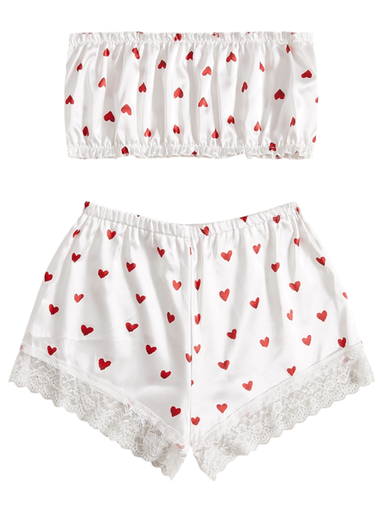 Pijama de satín con top sin tirantes y short con diseño de corazones y encaje para mujer