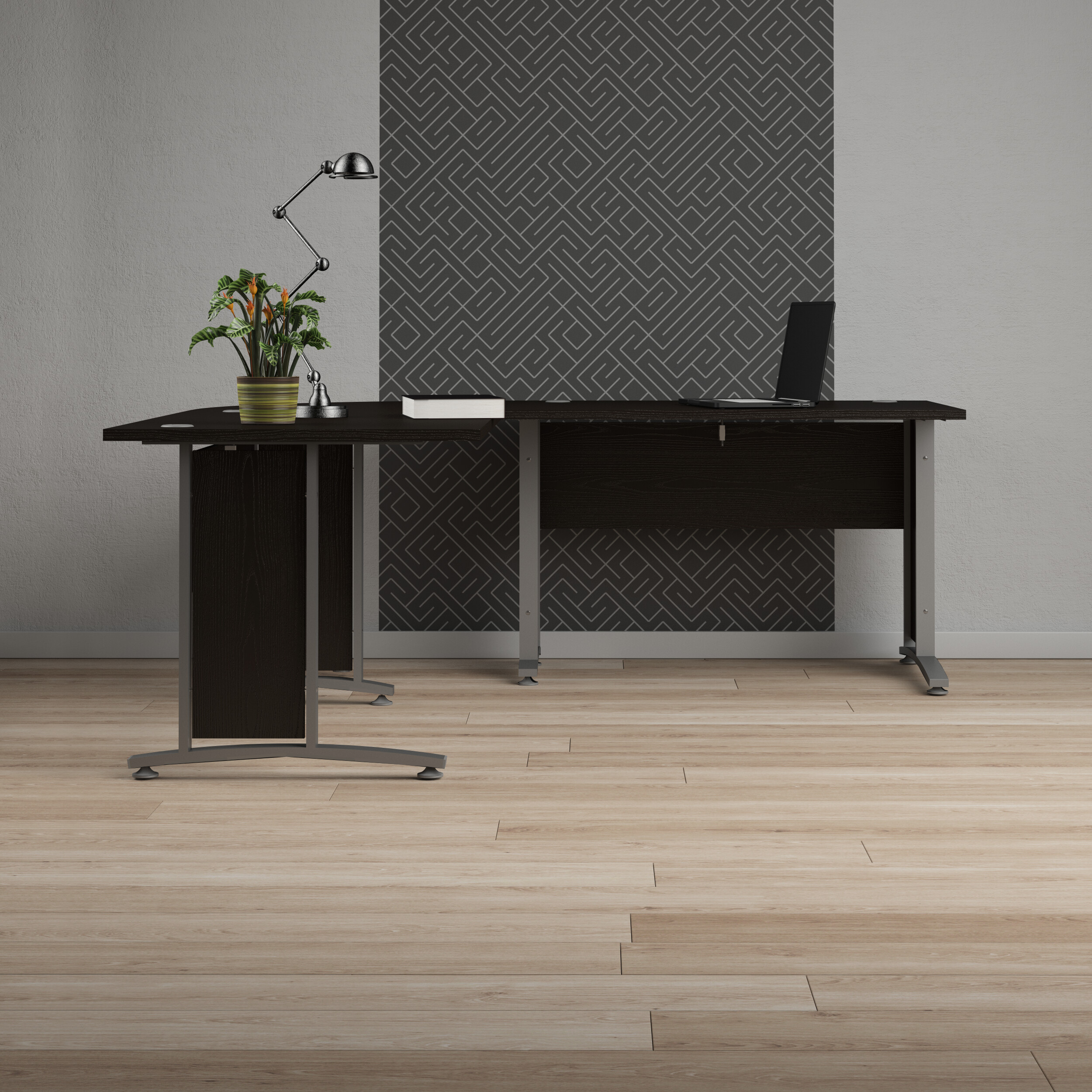 Set Esquinero de 2 Escritorios Negros con Base Metálica y Estructura de Madera Industrial