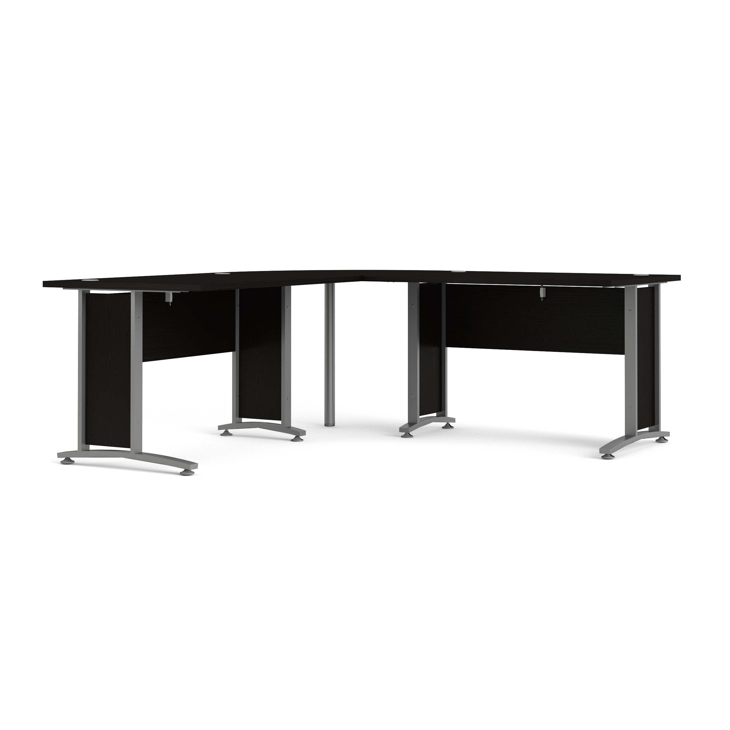 Set Esquinero de 2 Escritorios Negros con Base Metálica y Estructura de Madera Industrial
