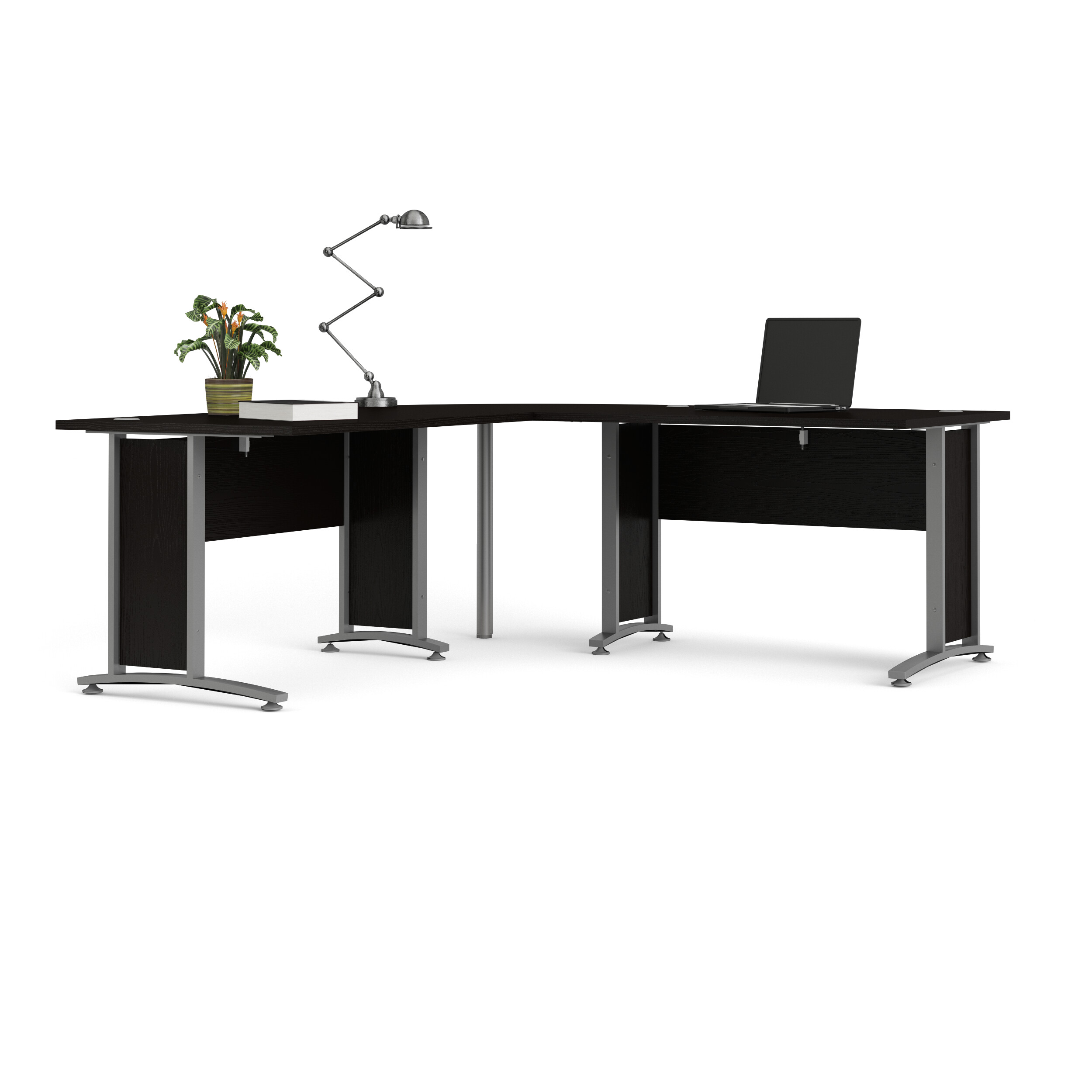 Set Esquinero de 2 Escritorios Negros con Base Metálica y Estructura de Madera Industrial