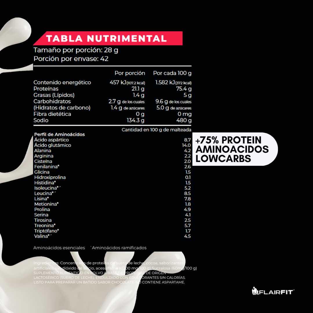 Flairfit® Whey Protein, Proteína Suero De Leche, Low Carbs 1.2 Kg, Sabor Vainilla.