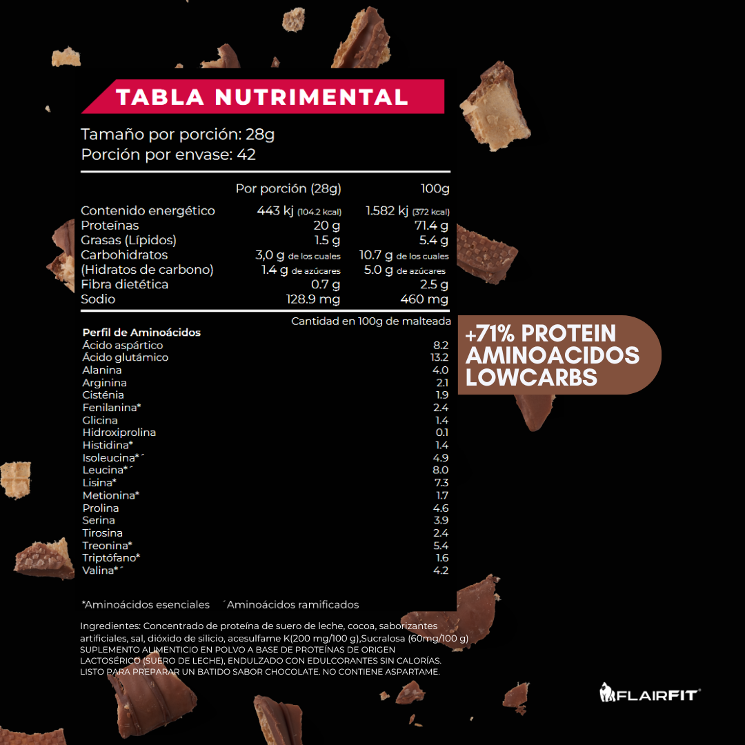 Flairfit® Whey Protein, Proteína Suero De Leche, Low Carbs 1.2 Kg, Sabor Chocolate.