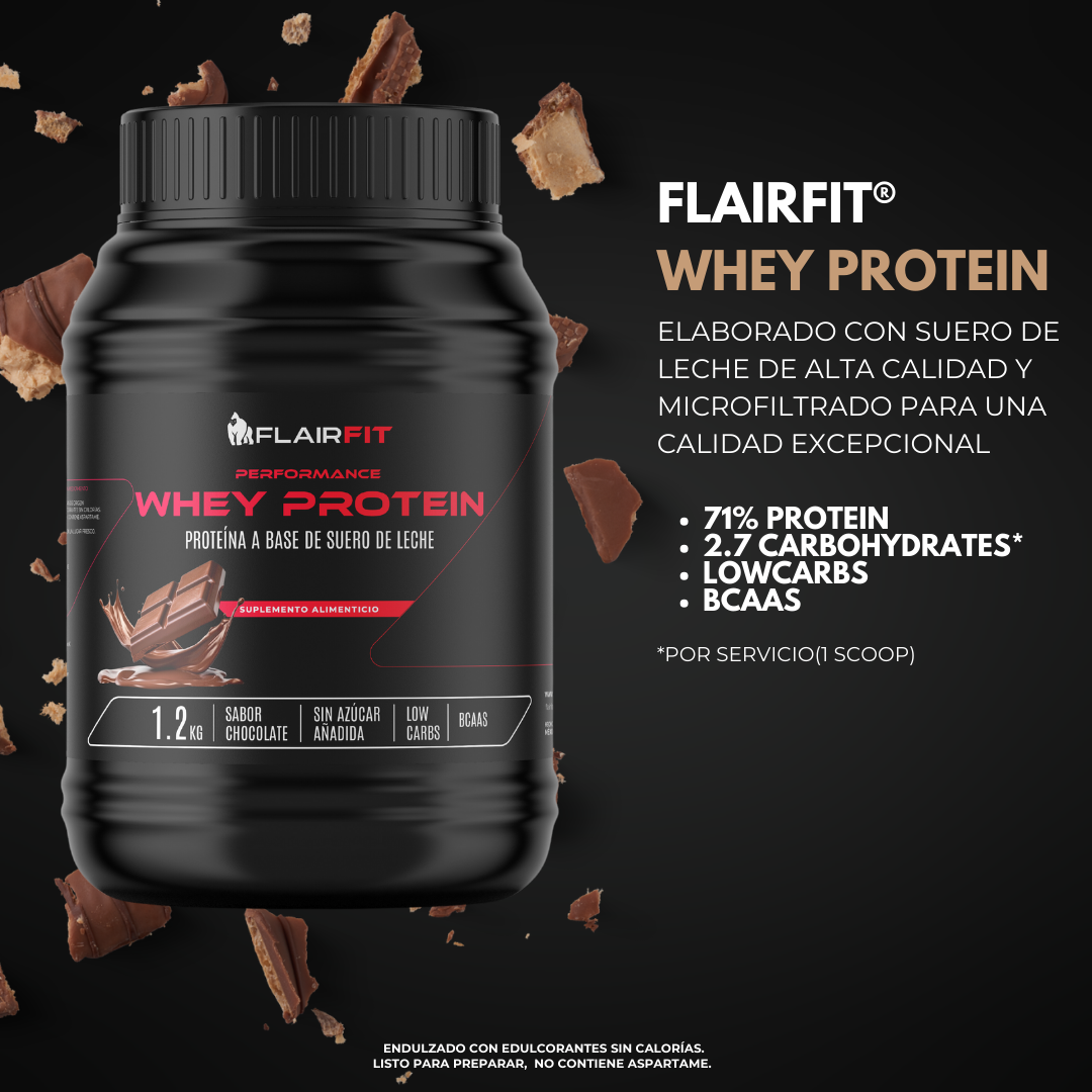 Flairfit® Whey Protein, Proteína Suero De Leche, Low Carbs 1.2 Kg, Sabor Chocolate.