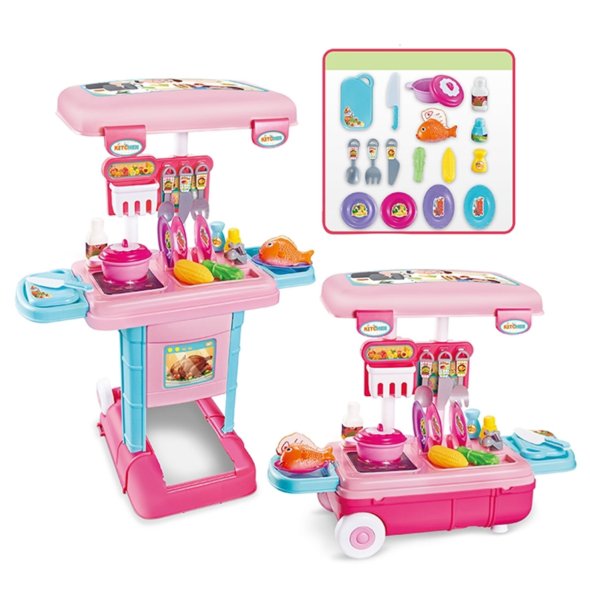 Juguete de Cocina Maleta Cocinita 3en1 34 Piezas Rosa