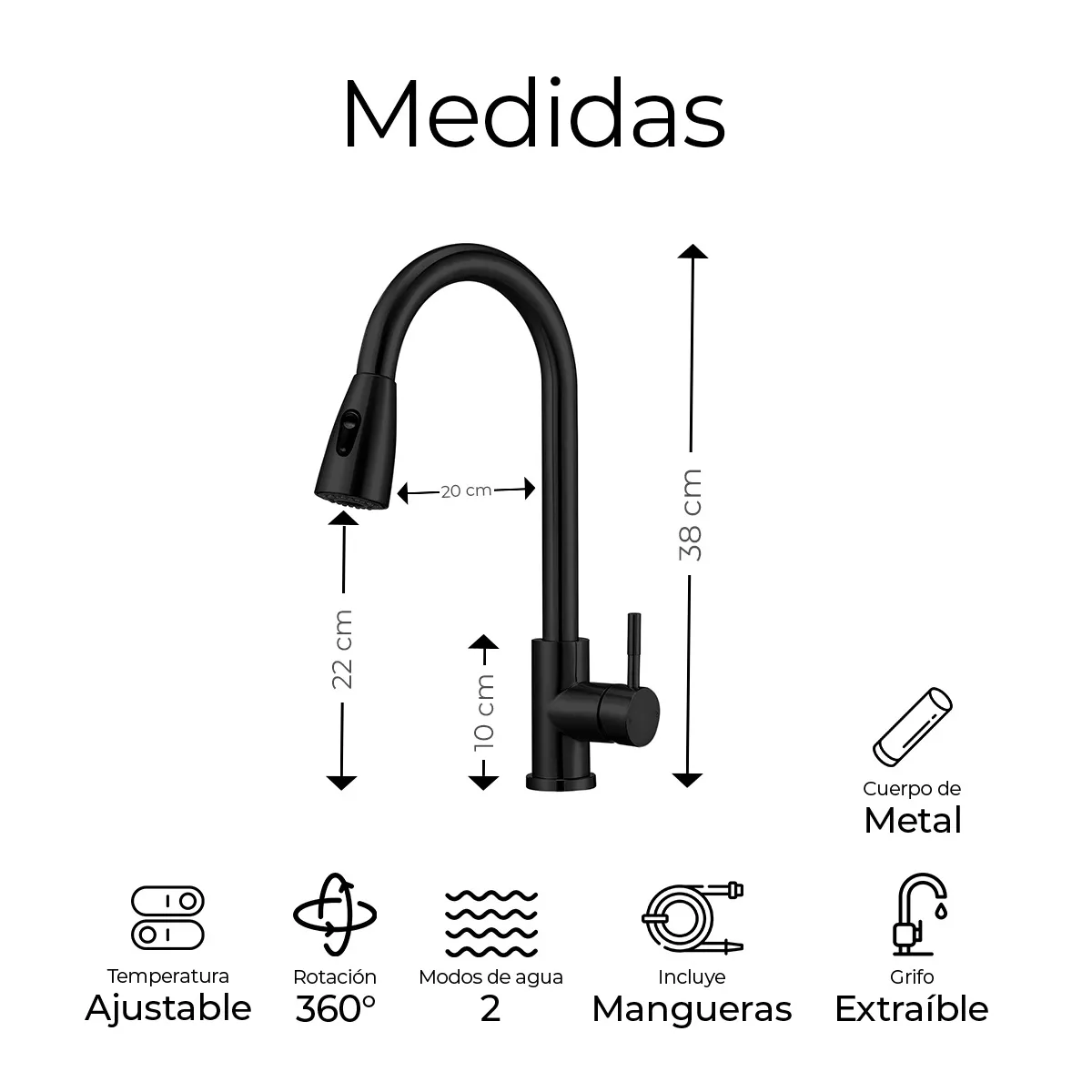 Grifo Cocina Monomando Extraíble Tarja Inoxidable Negro Mate