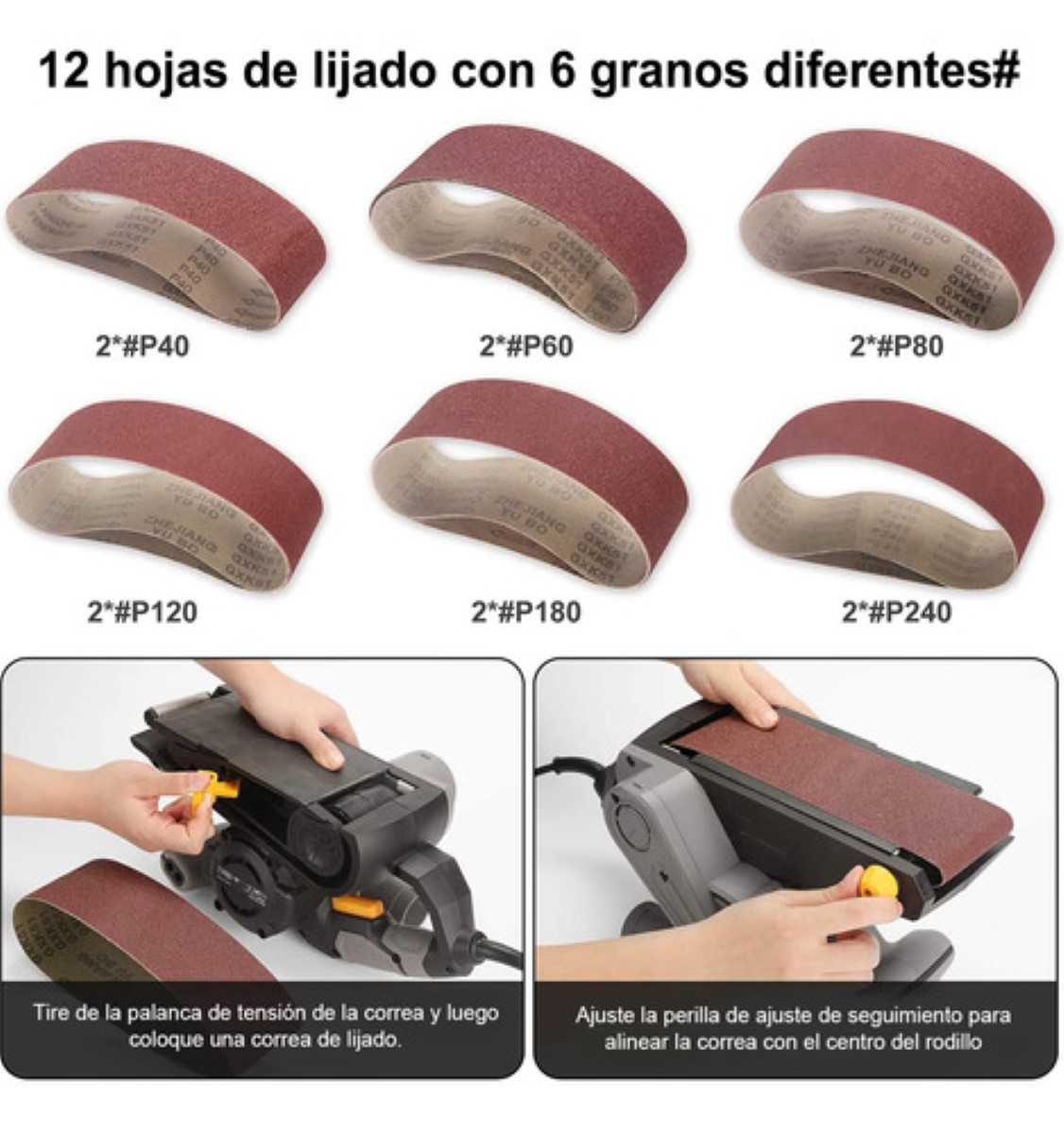 Lijadora De Banda 1000w 6 Velocidad Ajustable Con 12 Bandas gris negro