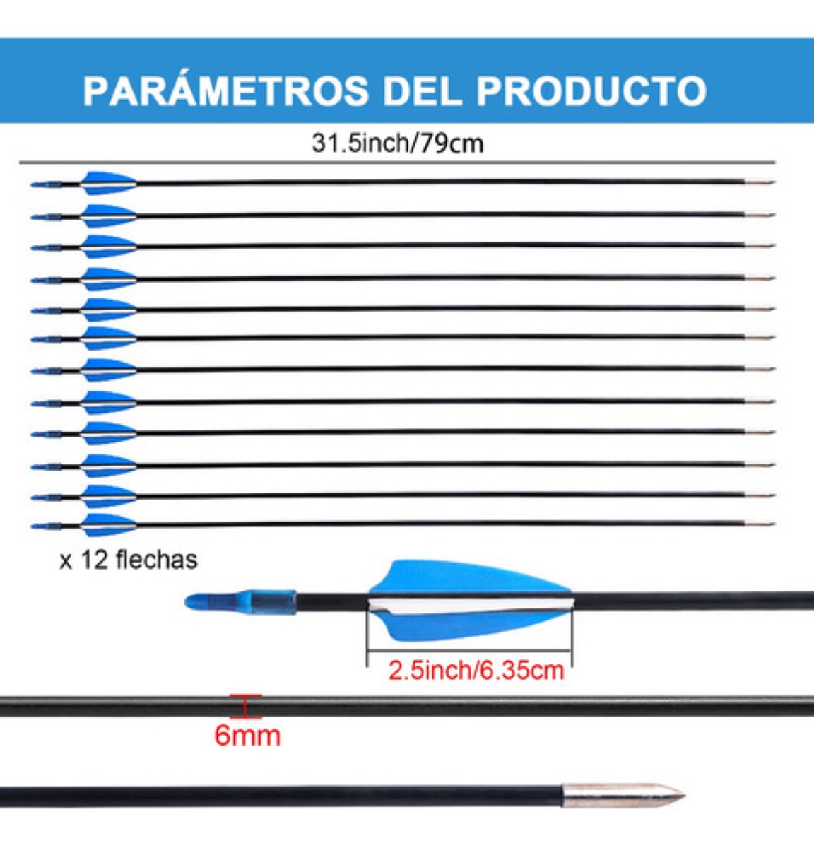 12 Flechas Para Arco Compuesto Recurvo Fibra De Vidrio 6 Mm negro/azul
