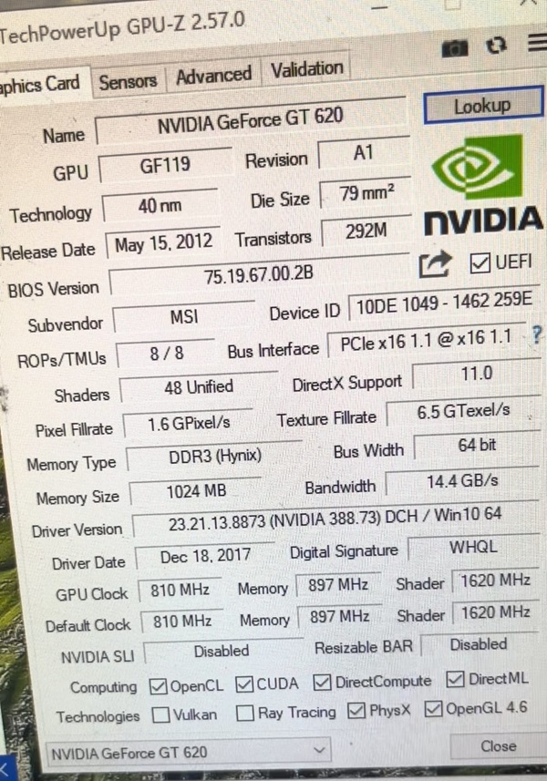 Tarjeta grafica Nvidia Gforce GT620 DDR3 MSI 