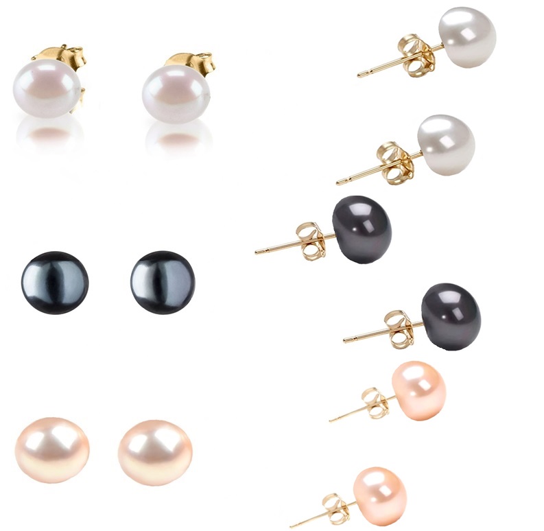 Aretes Perla Cultivada y Oro Solido 14k, Blanco, Negro y Rosa A 058.