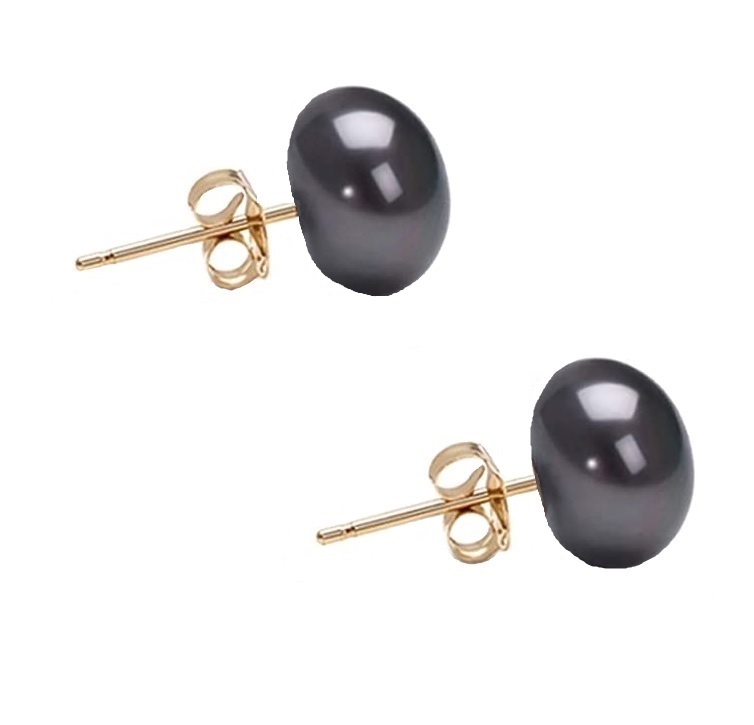 Aretes Perla Cultivada Negra Natural y Oro 14k A086.