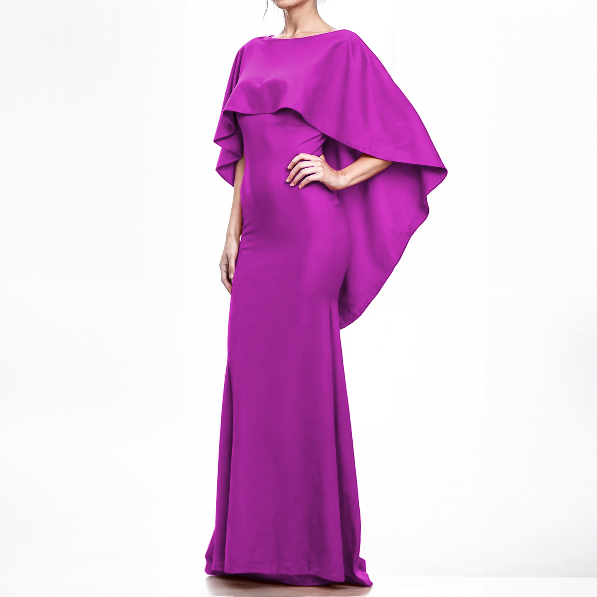 Vestido corte sirena elegante fiesta noche larga dama mujer Xally 19D cuello barco olan escote V parte de atrás