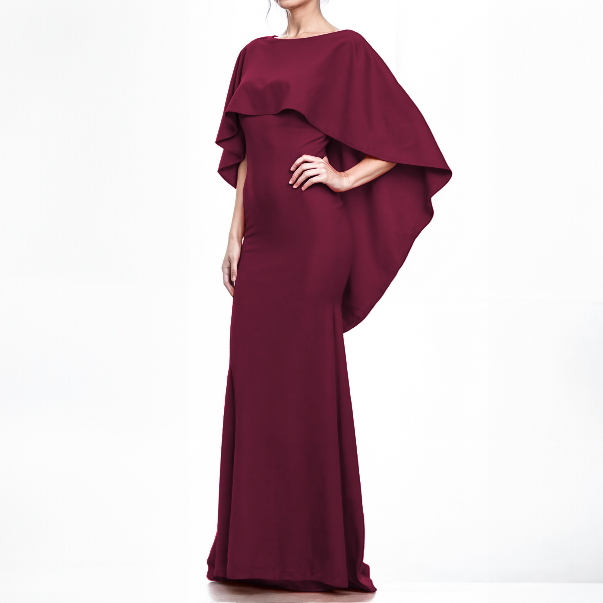Vestido corte sirena elegante fiesta noche larga dama mujer Xally 19D cuello barco olan escote V parte de atrás