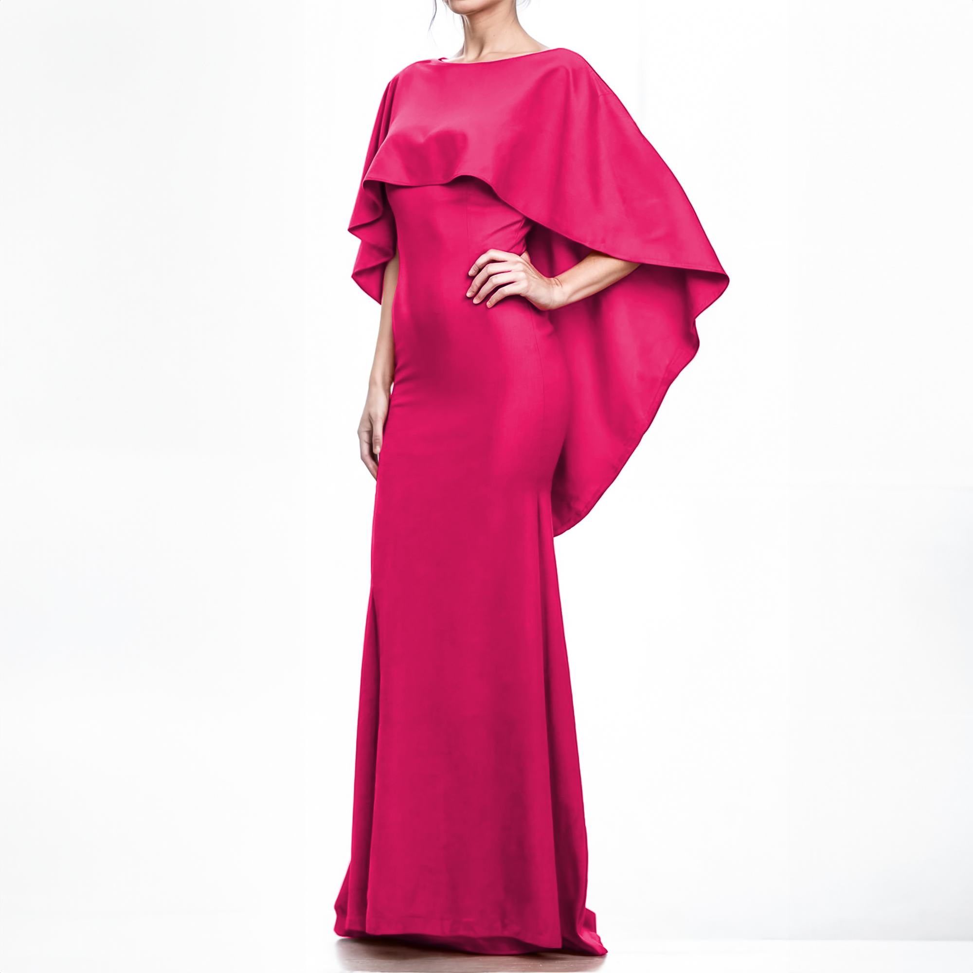 Vestido corte sirena elegante fiesta noche larga dama mujer Xally 19D cuello barco olan escote V parte de atrás