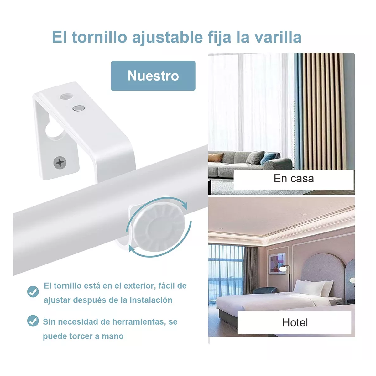 Set Soporte Cortinero Para Pared Ajustable Gancho 8 Pzas Blanco