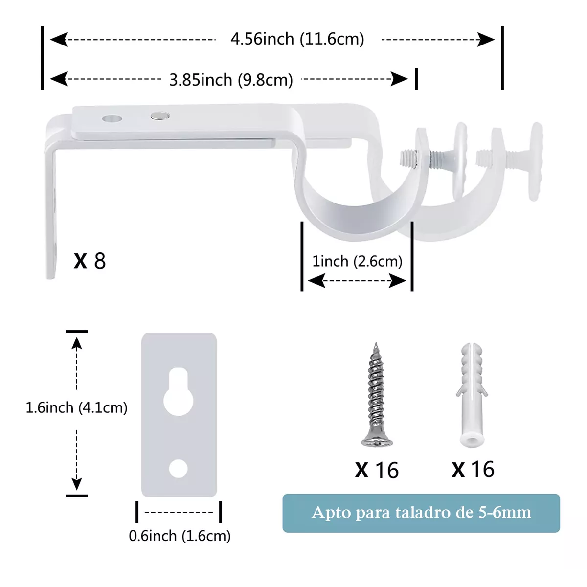 Set Soporte Cortinero Para Pared Ajustable Gancho 8 Pzas Blanco