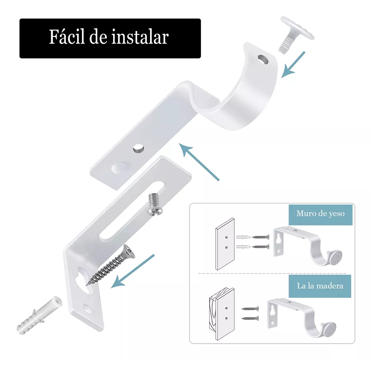 Set Soporte Cortinero Para Pared Ajustable Gancho 8 Pzas Blanco