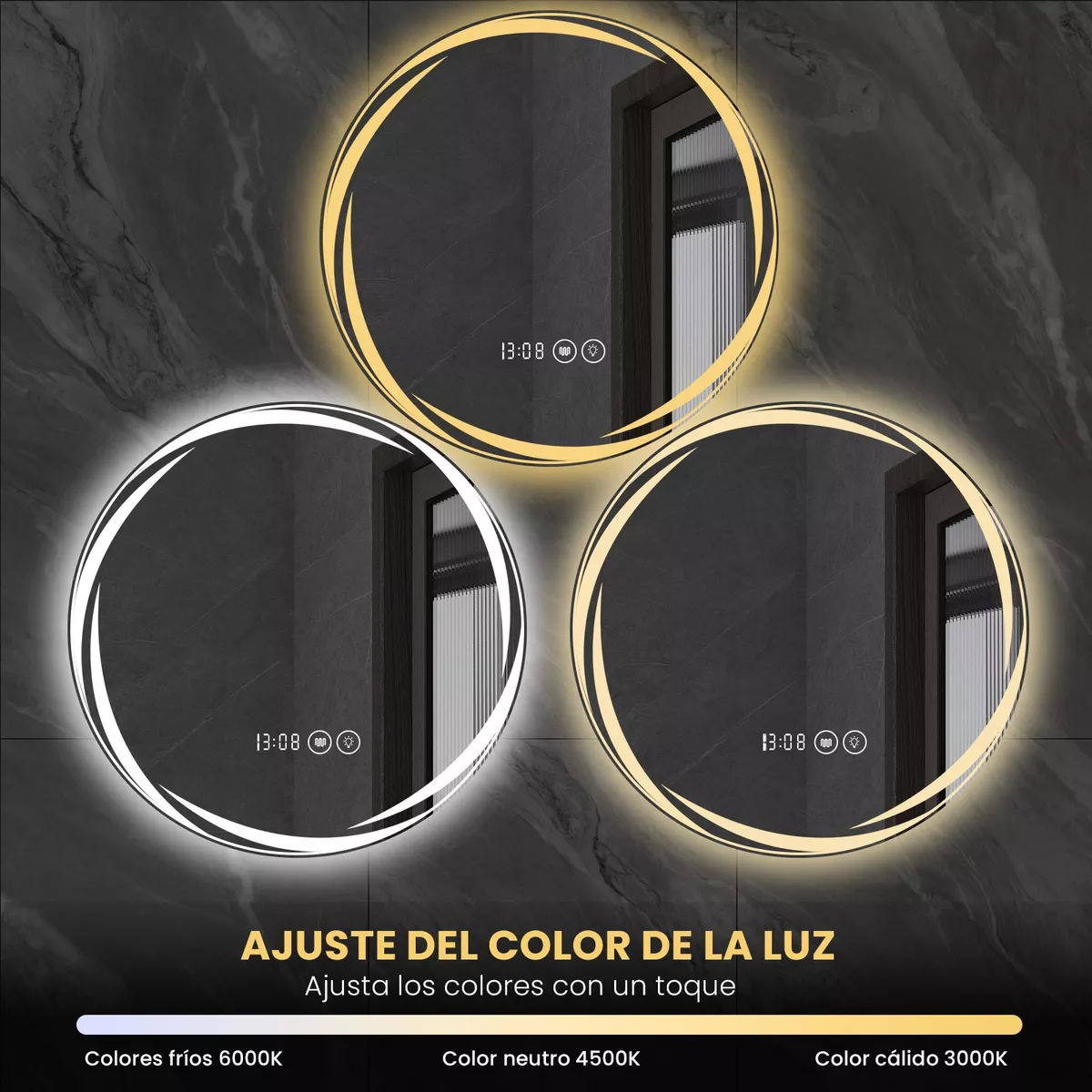 Espejo Led Baño Touch 3 Modo Con Antivaho Hora Temp 60x60cm