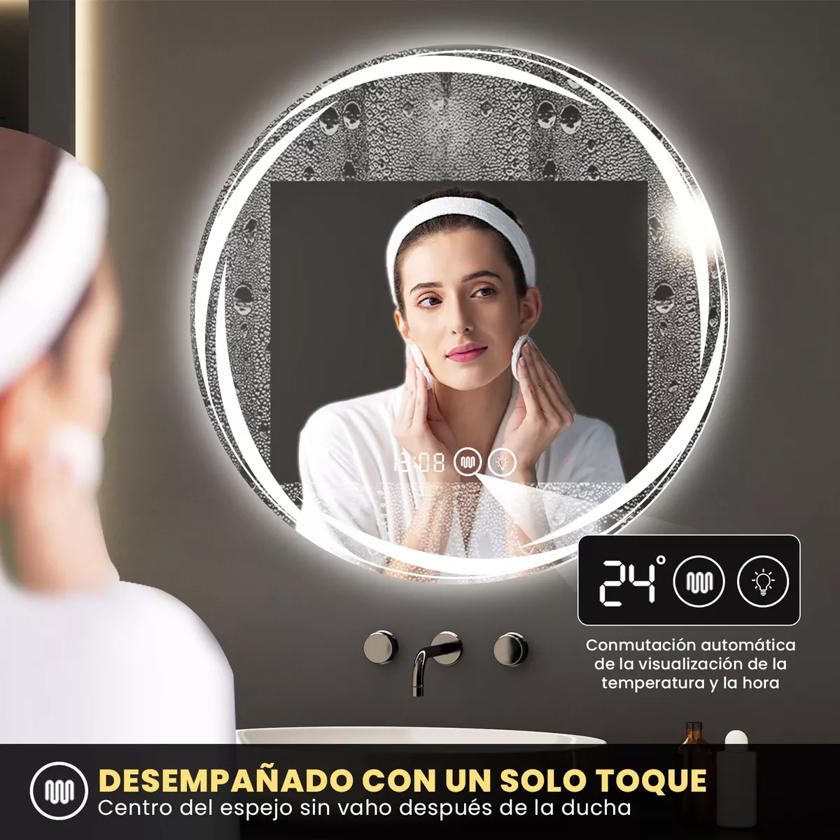 Espejo Led Baño Touch 3 Modo Con Antivaho Hora Temp 60x60cm