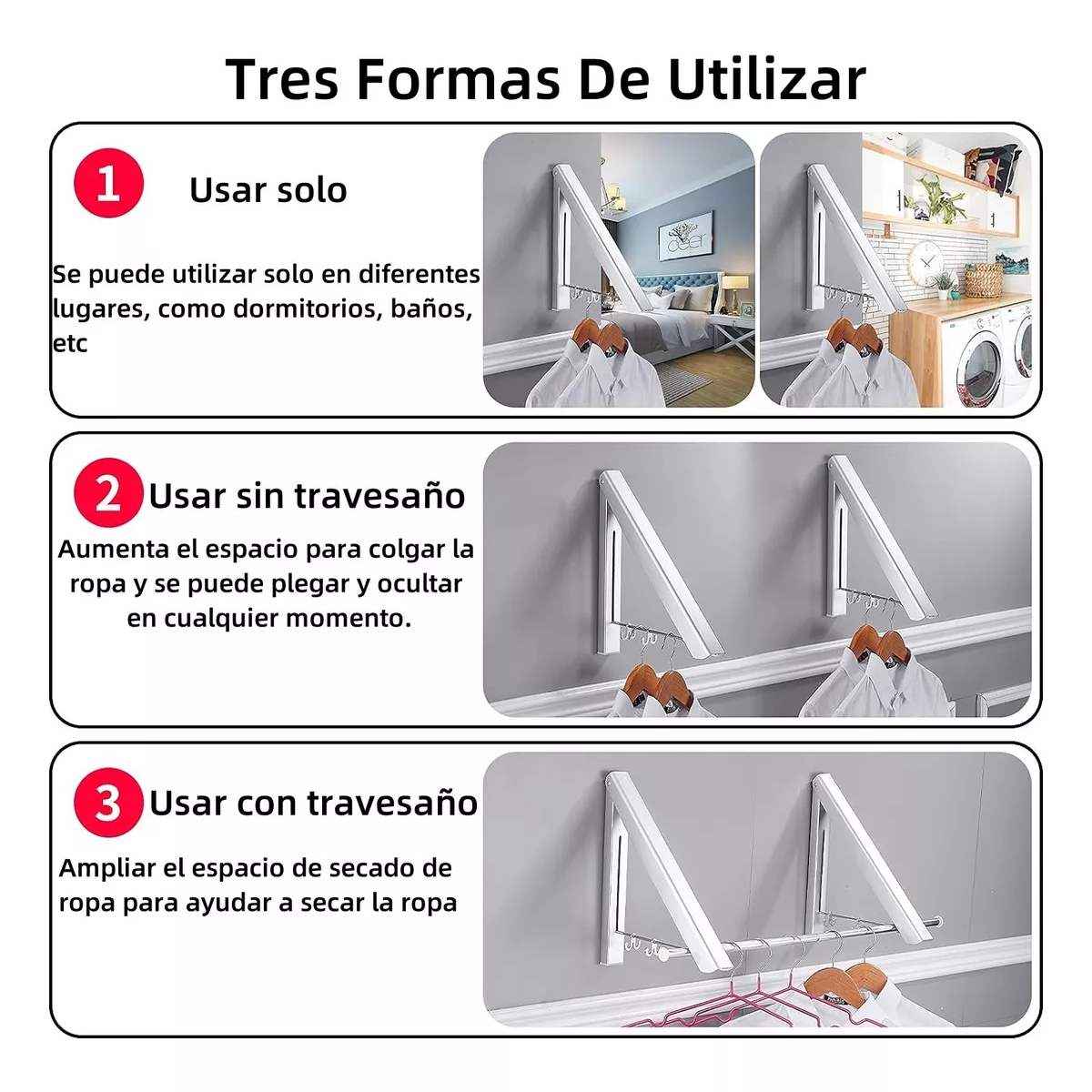Ganchos Para Ropa Plegable En Pared Y 80cm Metal Barra