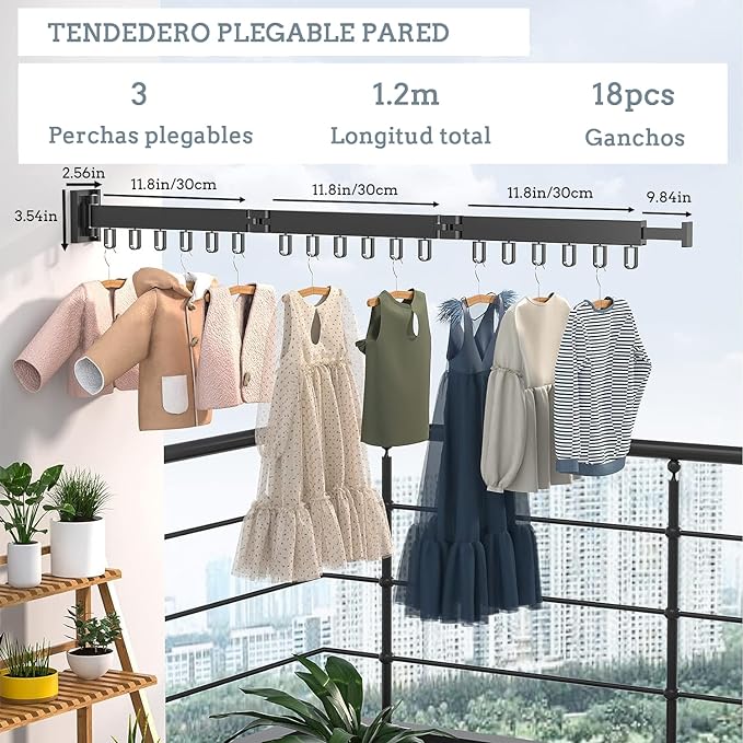 A Tendedero de Ropa,Tendedero Plegable Pared,Capacidad de Carga 35KG,
