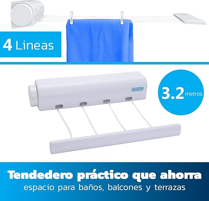 A Tendedero de Ropa Retráctil Plegable, 4 Cables de 3.2 Metros, Ajustable, Fácil de Instalar para Interiores