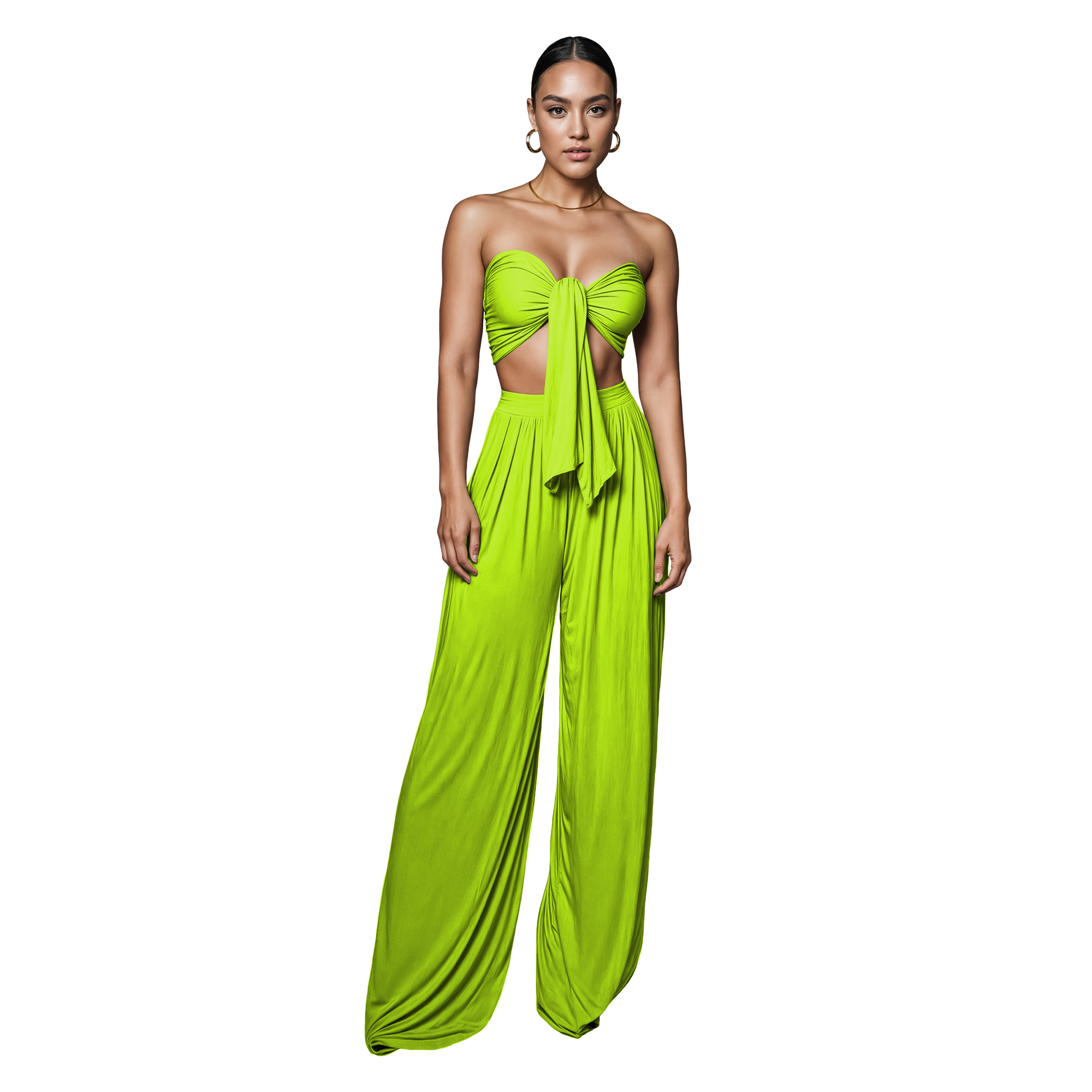 Conjunto de moda elegante dama mujer Xally 2438 pantalón amplio con pinzas tiro alto top mujer cinta.