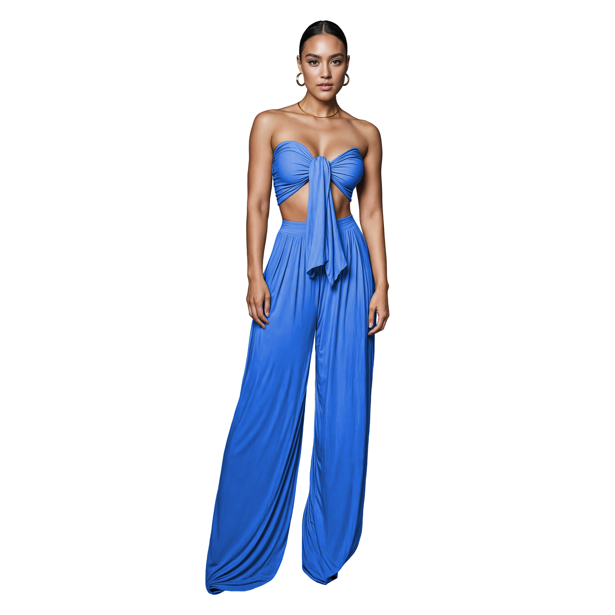 Conjunto de moda elegante dama mujer Xally 2438 pantalón amplio con pinzas tiro alto top mujer cinta.