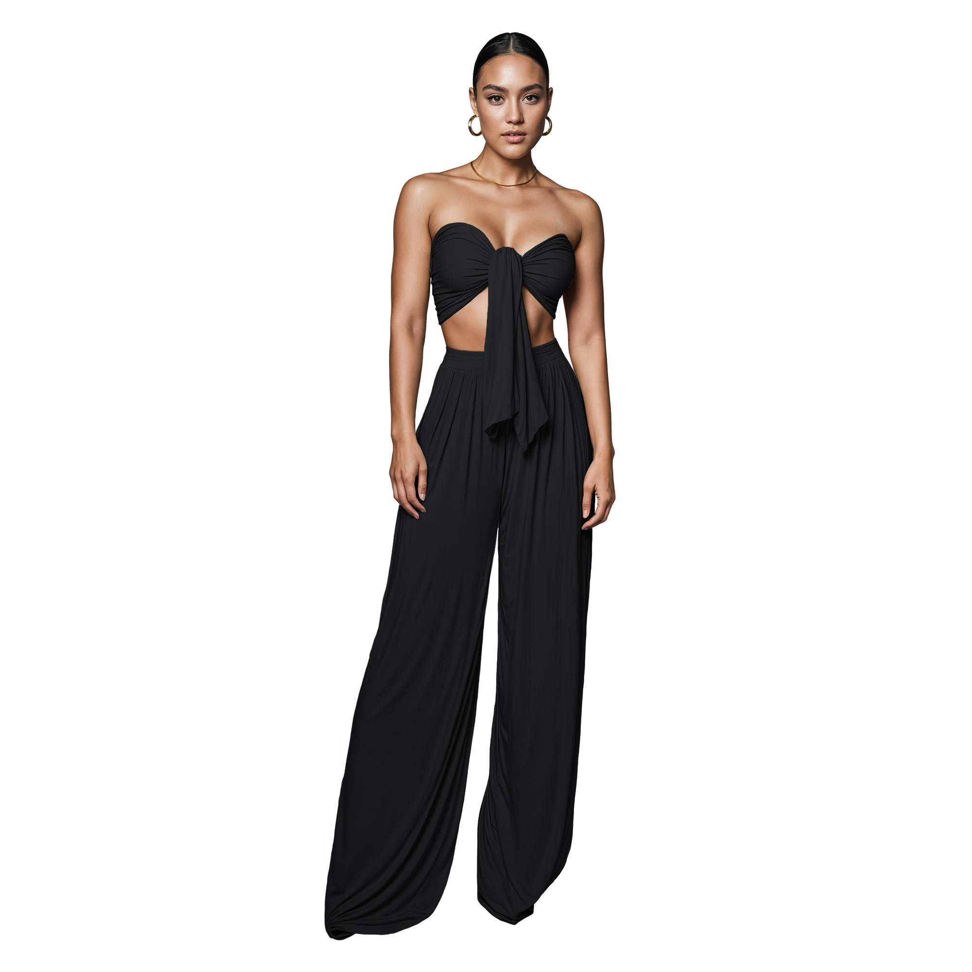 Conjunto de moda elegante dama mujer Xally 2438 pantalón amplio con pinzas tiro alto top mujer cinta.