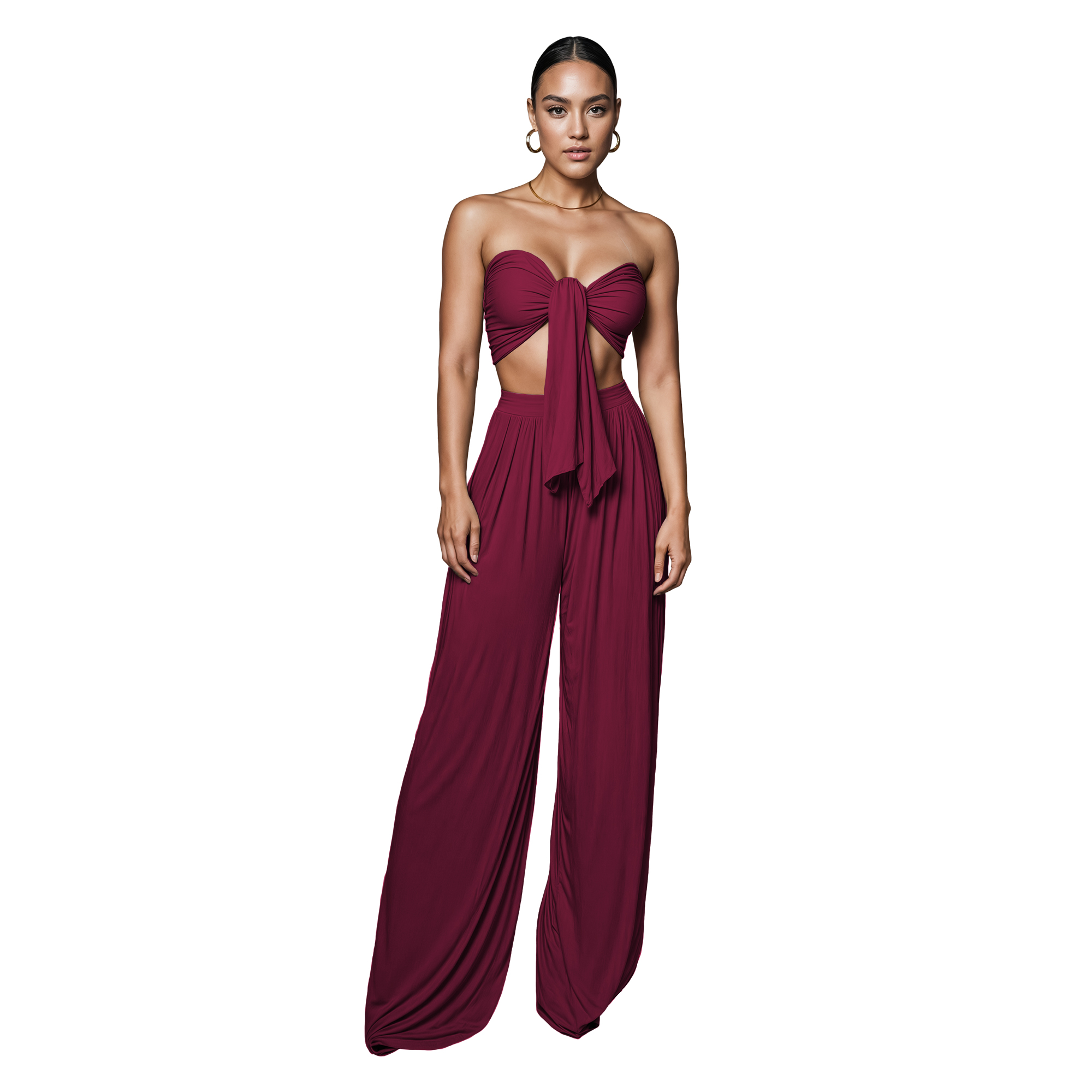 Conjunto de moda elegante dama mujer Xally 2438 pantalón amplio con pinzas tiro alto top mujer cinta.