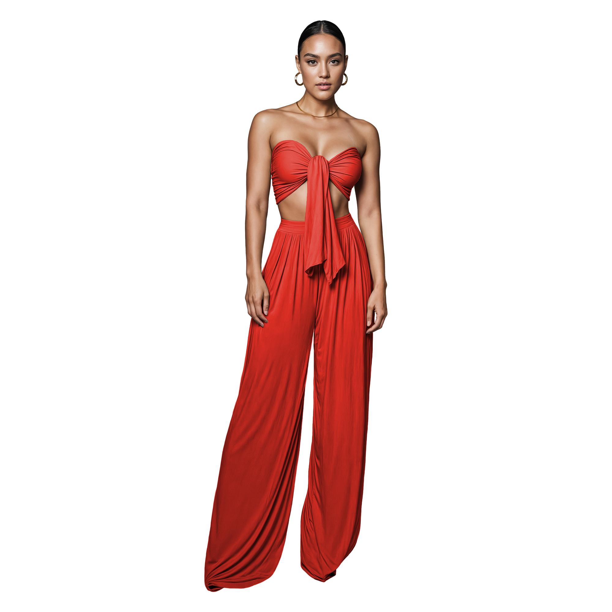 Conjunto de moda elegante dama mujer Xally 2438 pantalón amplio con pinzas tiro alto top mujer cinta.