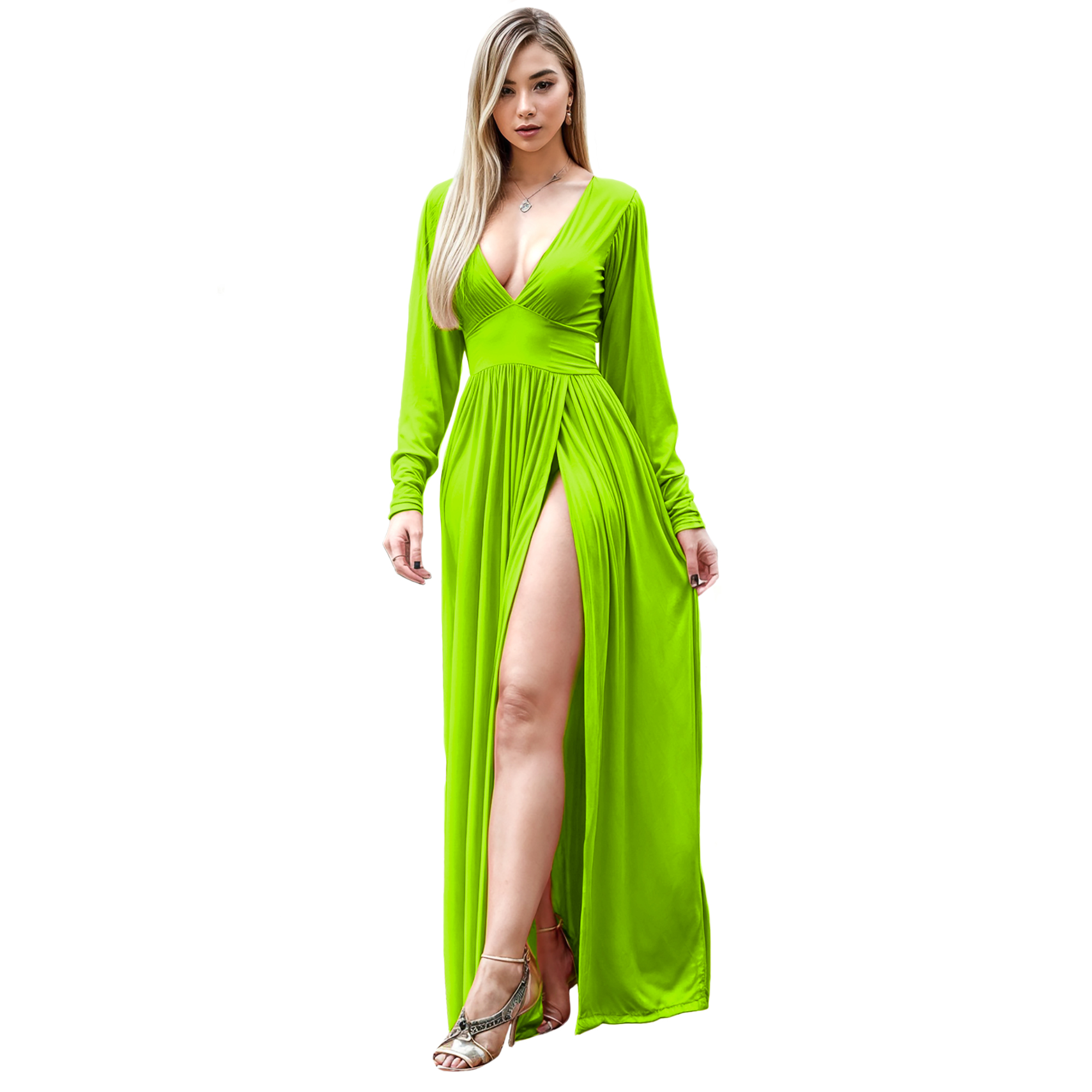 Maxi vestido ajustado elegante noche mujer dama xally 2316 manga larga escote V pretina abertura alta.