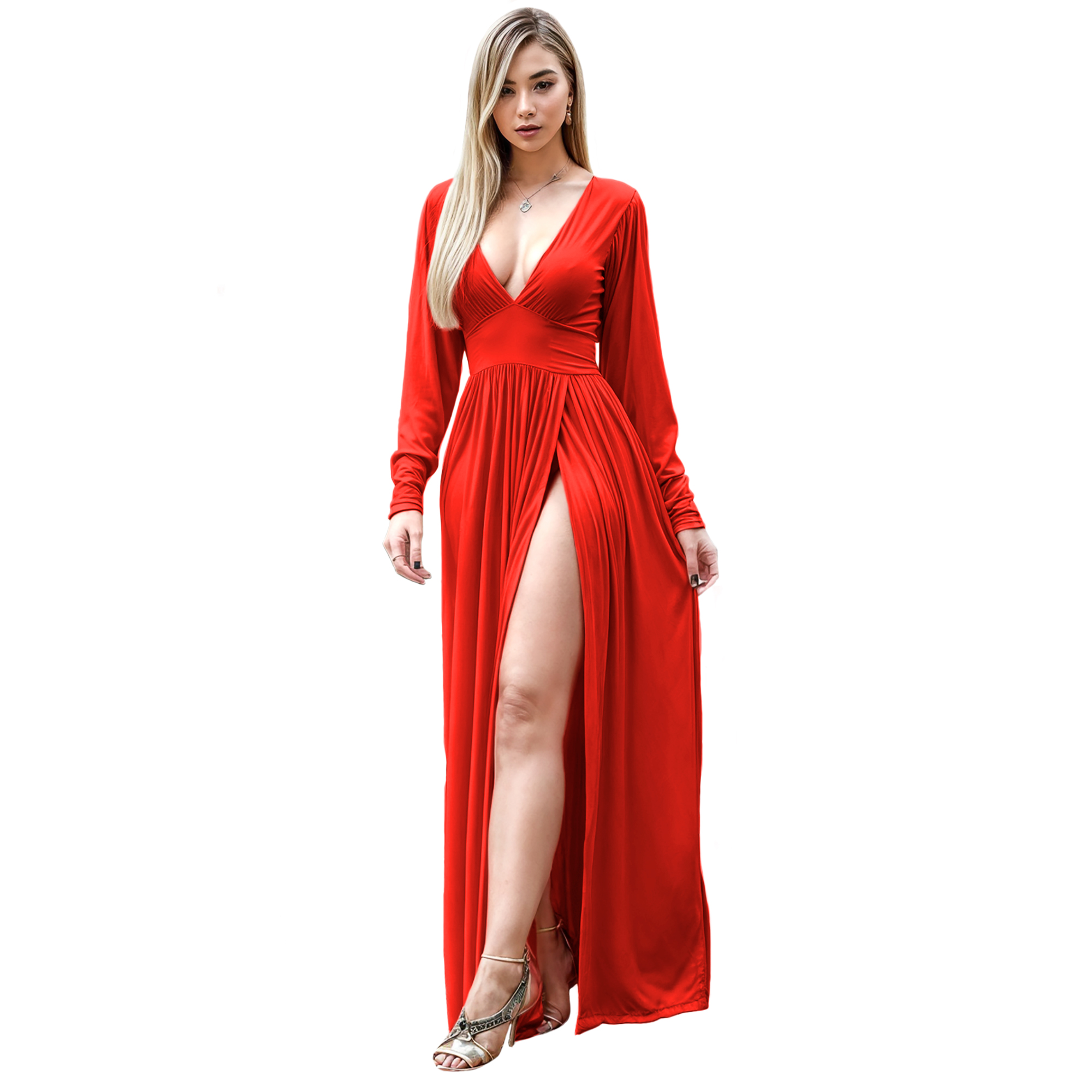 Maxi vestido ajustado elegante noche mujer dama xally 2316 manga larga escote V pretina abertura alta.
