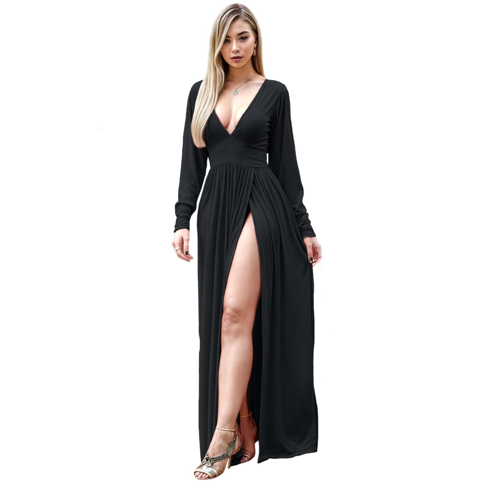 Maxi vestido ajustado elegante noche mujer dama xally 2316 manga larga escote V pretina abertura alta.