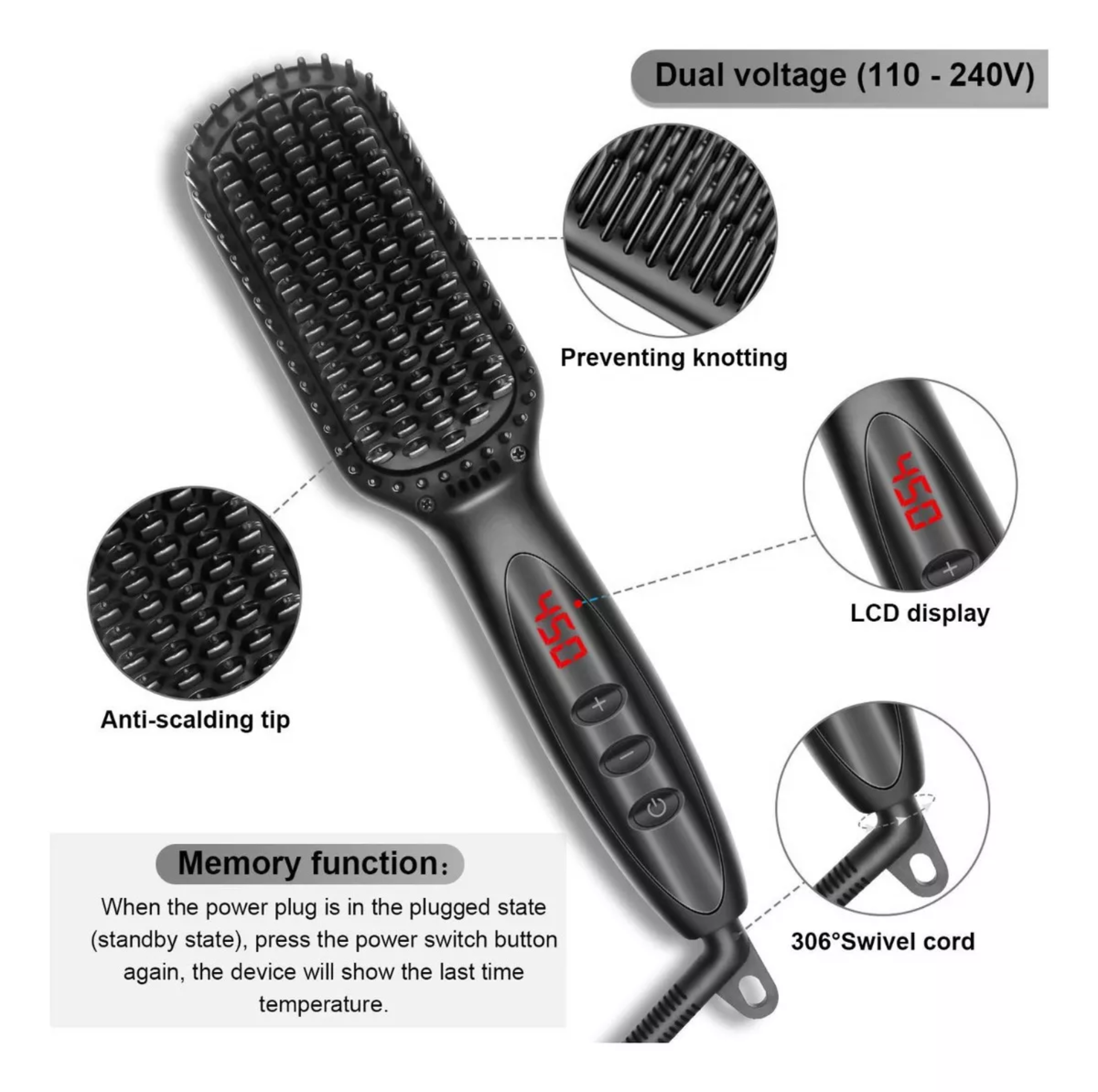 Plancha Peine Barba Alisado Cabello Hombre Cepillo Eléctrico Color Negro