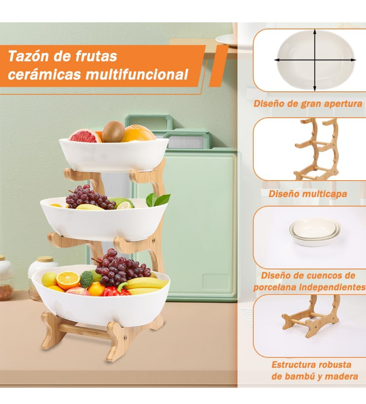 Frutero organizador de frutas 3 niveles cerámico bambú madera 