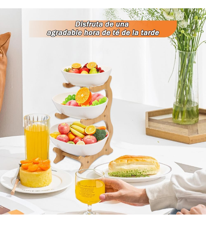 Frutero organizador de frutas 3 niveles cerámico bambú madera 