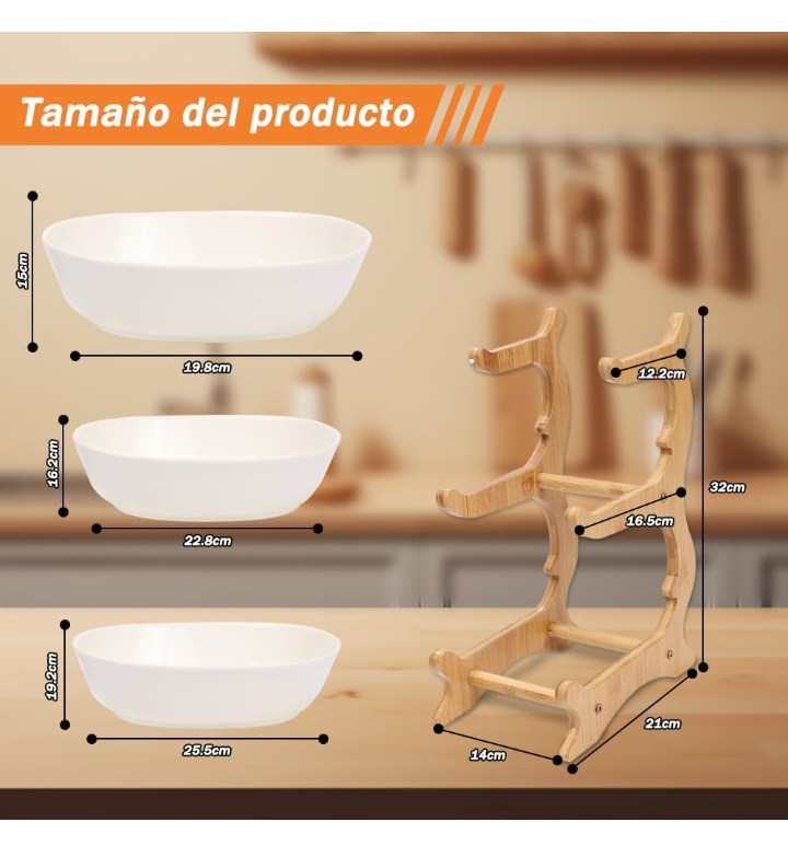 Frutero organizador de frutas 3 niveles cerámico bambú madera 