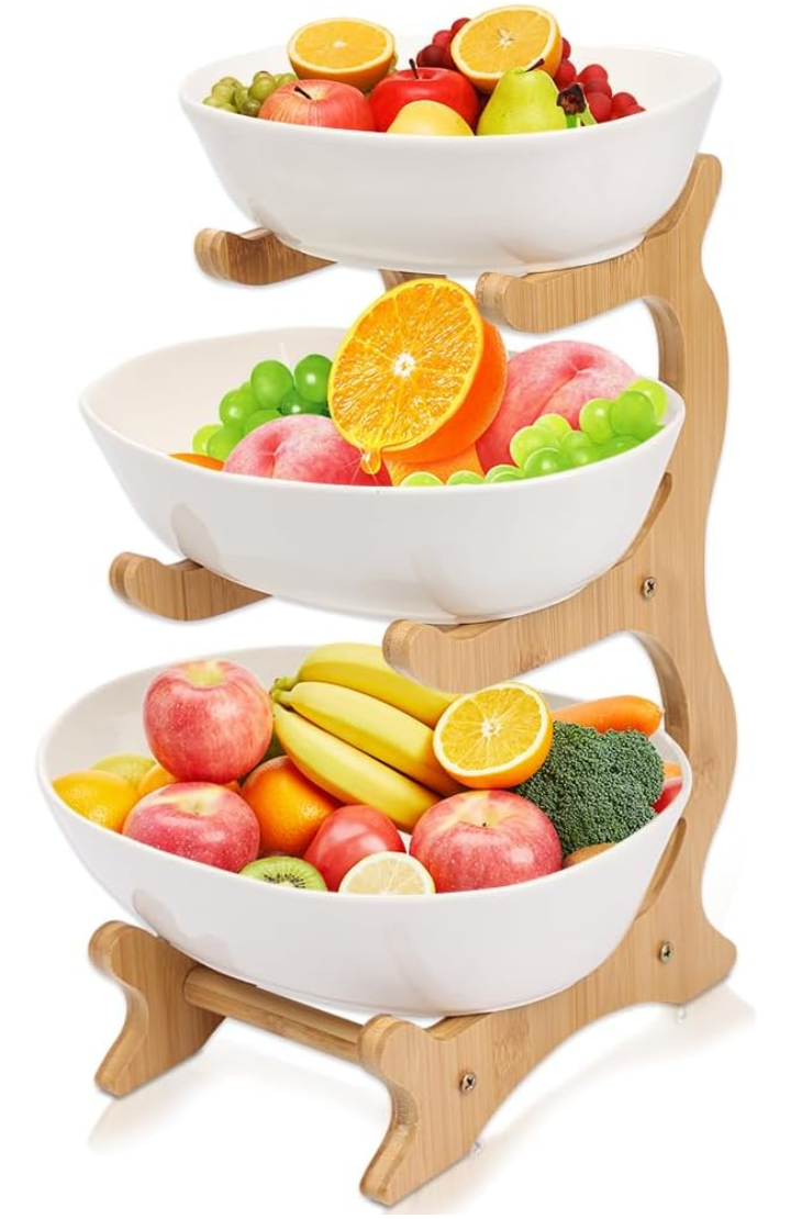 Frutero organizador de frutas 3 niveles cerámico bambú madera 