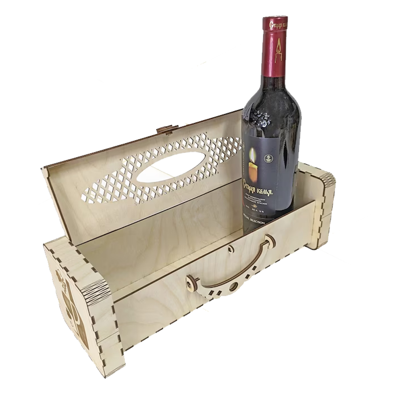 Caja de madera para vino con diseño calado y ventana