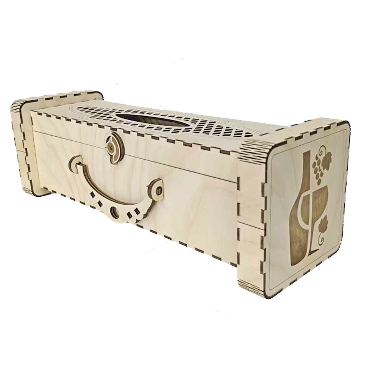 Caja de madera para vino con diseño calado y ventana