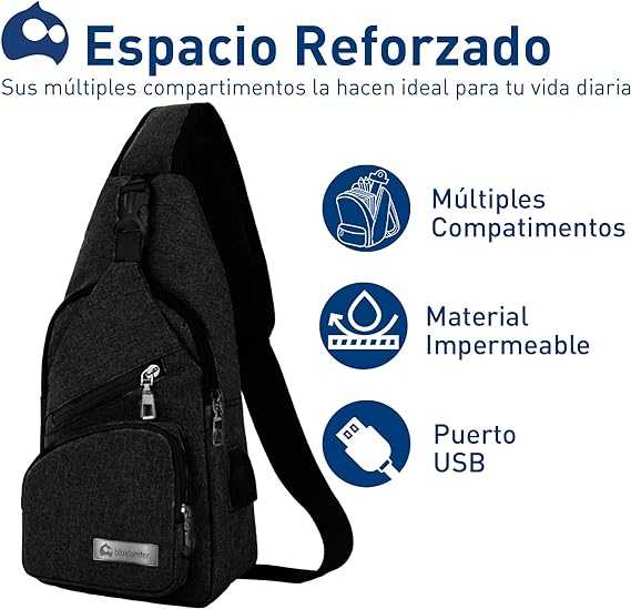 Mochila Cruzada Antirrobo Impermeable, Negro Bluelander