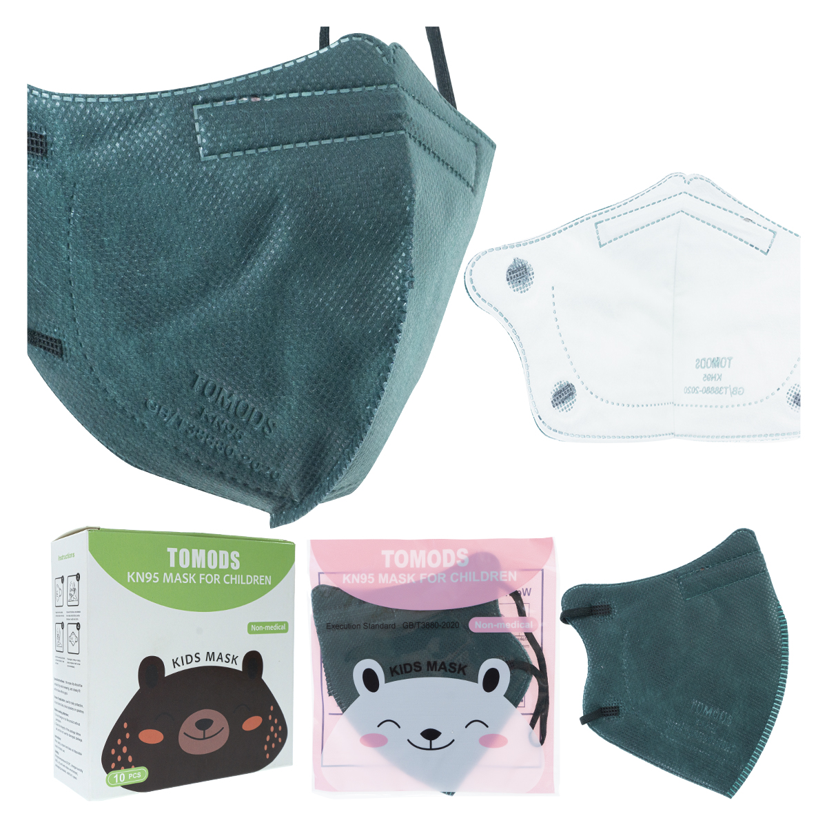 Kn95 Mascarillas Cubrebocas Infantil Caja10pz Colores Tomods Verde oscuro.
